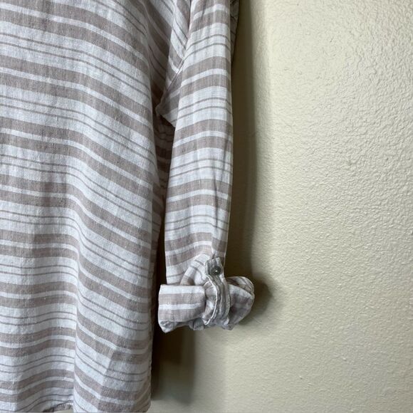 St Tropez West Linen Tan Stripe Button Front Long Tab Sleeve Shirt Women Large - Picture 5 of 11